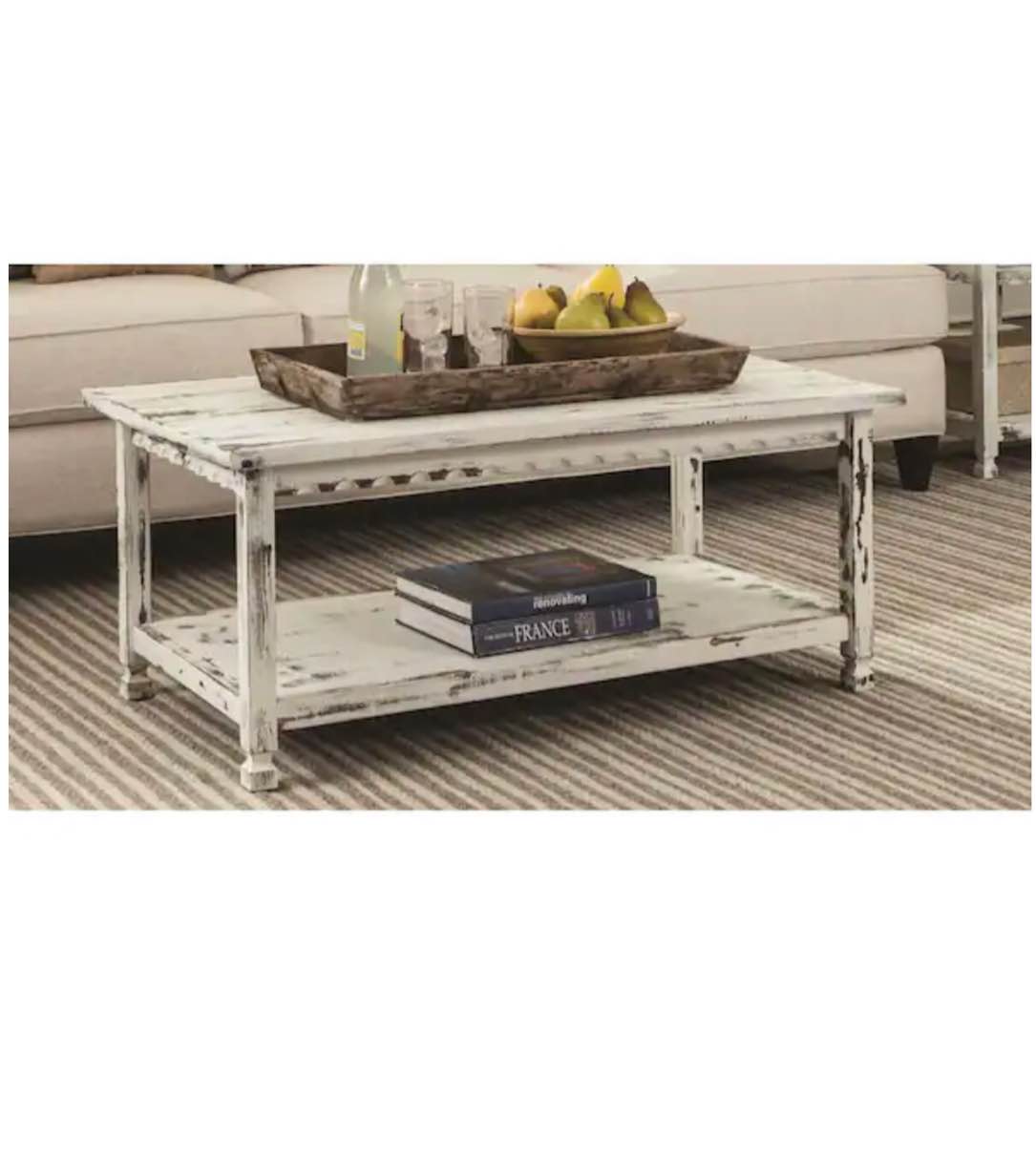 Alaterre Furniture Country Cottage 42 in. White Large Rectangle Wood Coffee Table with Shelf