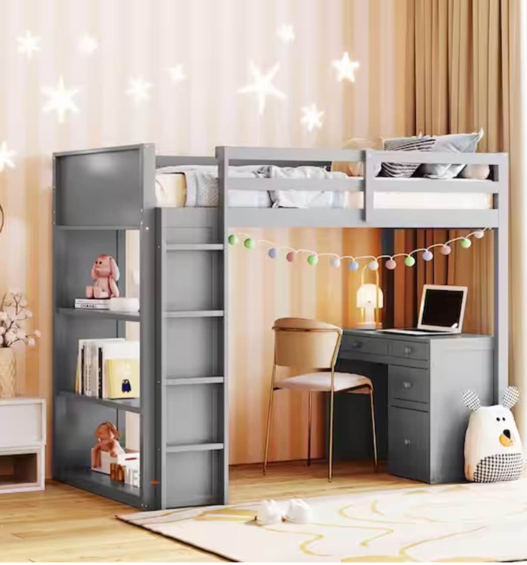 Gray Twin Size Wood Loft Bed with Ladder, 3 Shelves, 4 Drawers and Desk (1 of 2).
