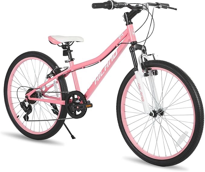 Hiland 20 24 Inch Mountain Bike for Kids Age 7,Front Suspension Fork Kids' Bicycles for Boys Girls Multiple Colors 7 speed pink 24"
