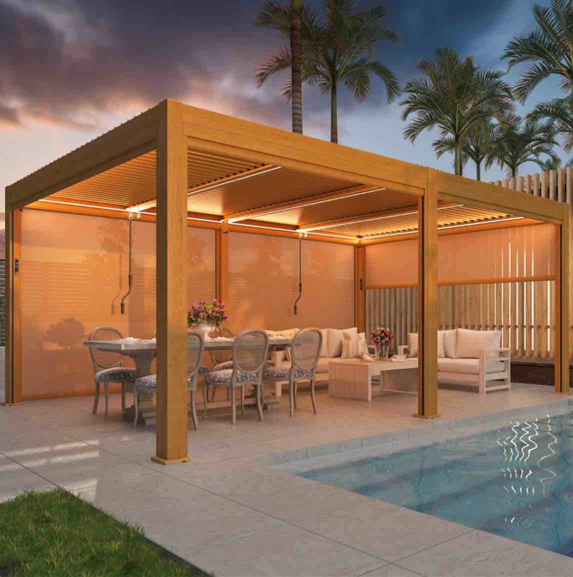((BOX 9/9))EROMMY 12x20 Modern Electric Aluminum Pergola With Louvered Roof – Wood Grain