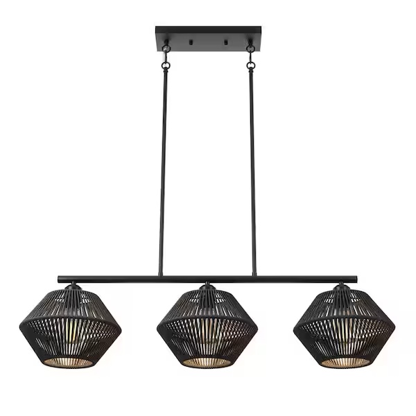 Black 3-Light Rattan Chandeliers for Dining Room, Boho Light Fixture with Hand-Worked Woven Cage Lampshade, Farmhouse Island Lights for Kitchen, Dining Room
