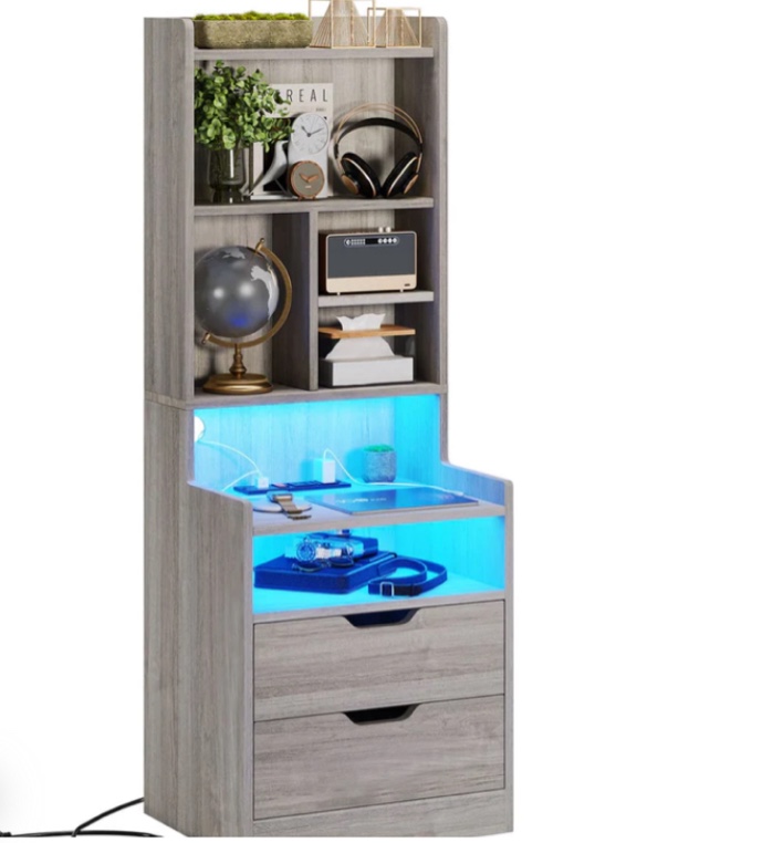 LED Nightstand With Bookshelf Charging Station Grey