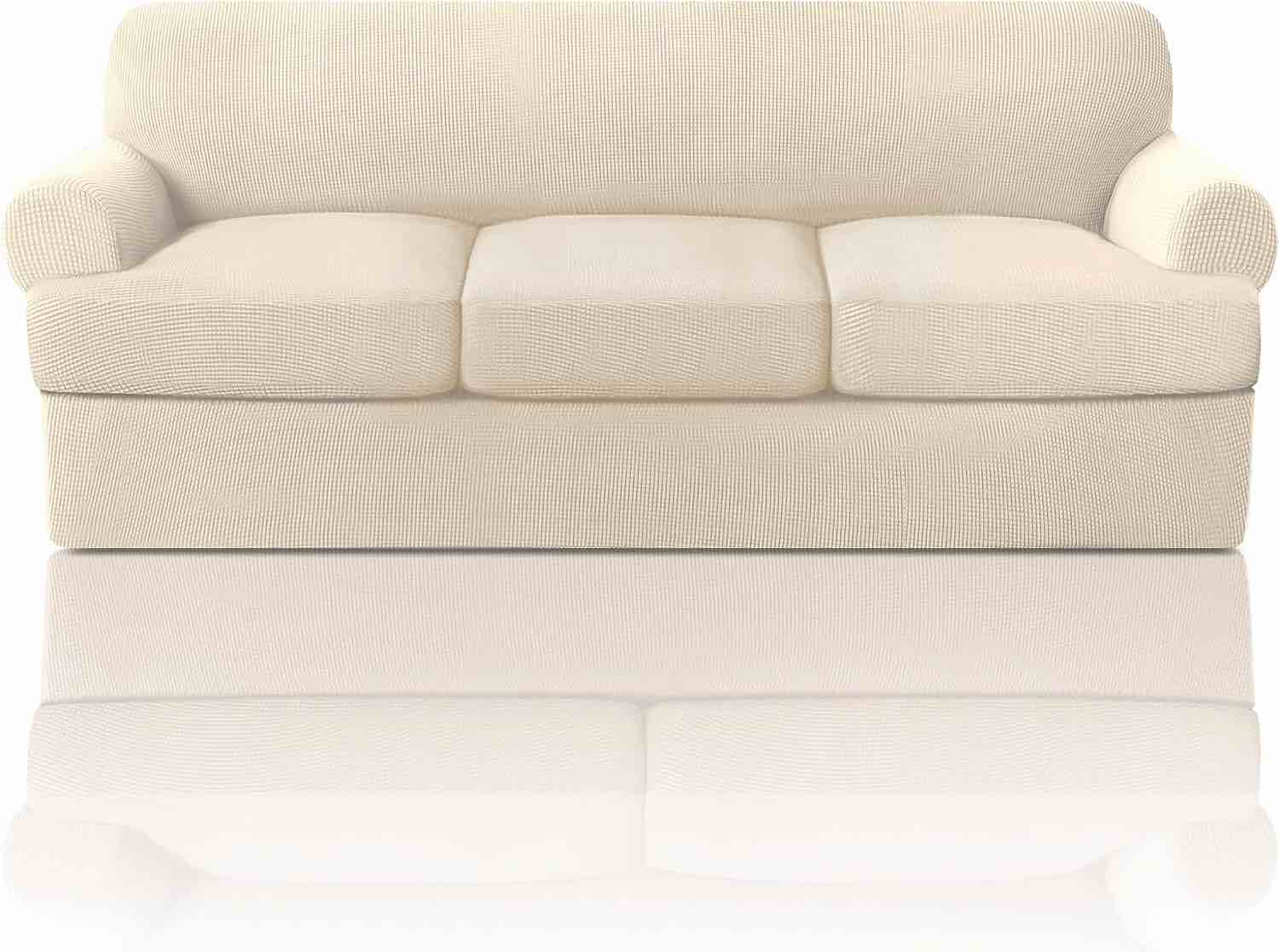 PrinceDeco T Cushion Sofa Slipcover 4 Pieces Sofa Covers for T Cushion Sofa Soft Couch Cover Sofa Slip Covers Furniture Covers with 3 Individual T Cushion Shape Seat Covers Machine Washable, Natural 3 Cushion Sofa Natural