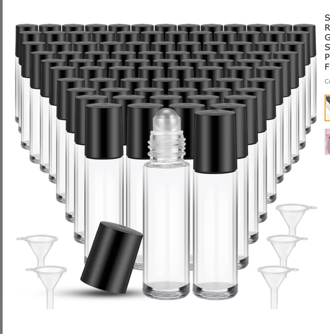 SEEWEY 96 Pcs Essential Oil Roller Bottles 10ml Empty Glass Roller Bottles with Stainless Steel Roller Balls Protection Leakproof with 5 Funnel for Travel Perfume Lip Gloss(Amber)