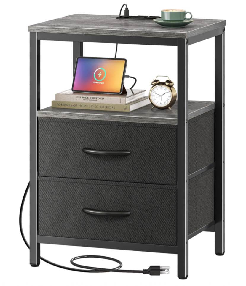 Huuger Nightstand with Charging Station, Side Table with Fabric Drawers, End Table with Open Shelf, Bedside Table with USB Ports and Outlets, Night Stand for Bedroom, Charcoal Gray 1 Charcoal Gray