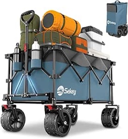 Sekey 48''L Collapsible Foldable Extended Wagon with 440lbs Weight Capacity, Heavy Duty Folding Utility Garden Cart with Big All-Terrain Beach Wheels & Drink Holders. Red&Grey