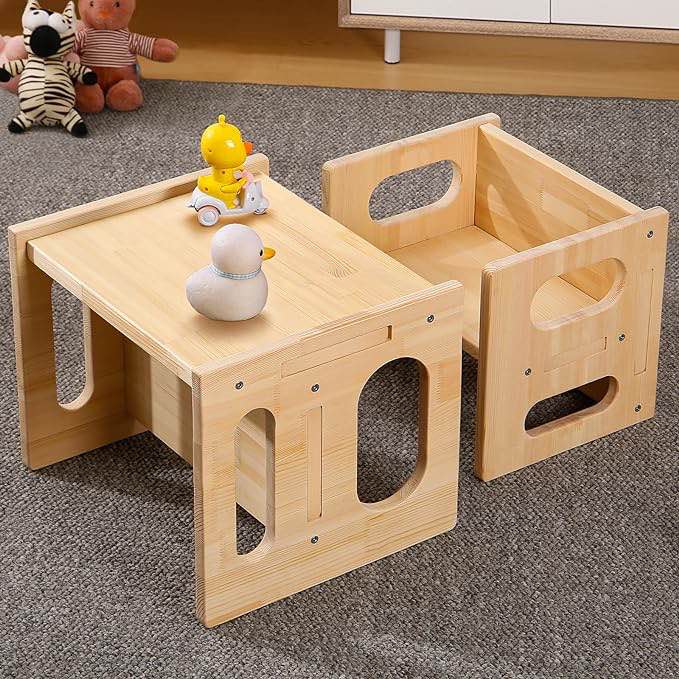 GKOKG Montessori Weaning Table and Chair Set - Wood Weaning Table and Chair, Solid Wooded Toddler Table, Cube Chairs for Toddlers