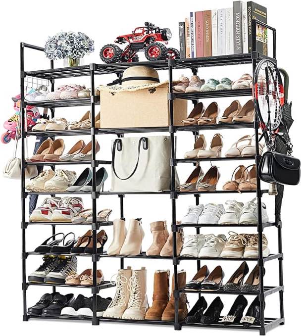 Mavivegue 9 Tiers Metal Shoe Rack Organizer, 50-55 Pairs Large Tall Shoe Storage,Shoe Holder,Shoe Stand,Vertical Free Standing Shoe Shelf,Large Boot Rack Organizer for Entryway, Closet, Garage Black 3 Row 9 Tier