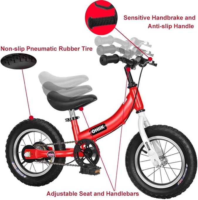 OHIIK Balance Bike 2 in 1 for Kids 2 3 4 5 6 7 Years Old,Balance to Pedals Bike,12 14 16 inch Kids Bike,with Pedal kit,Training Wheels,Brakes (16 inch, Red)