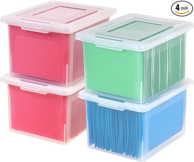 IRIS USA Letter/Legal File Tote Box, BPA-Free Storage Bin Tote Organizer with Durable and Secure Latching Lid, Stackable and Nestable, 4 Pack, Crystal Clear (585237)