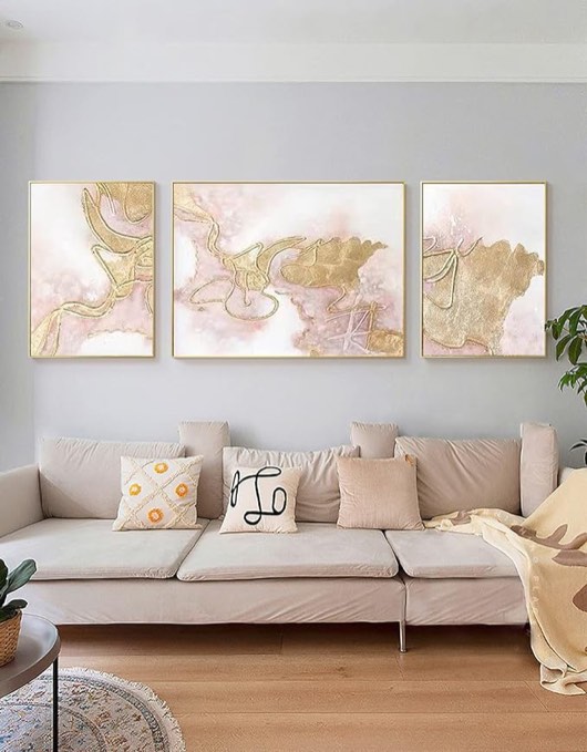 Pink Canvas Wall Art for Living Room With Gold Goil - Metal Framed Abstract Painting for Bedroom- 3 Pieces Modern Artwork for Office Home Decoration Ready to Hang 20x48inches
