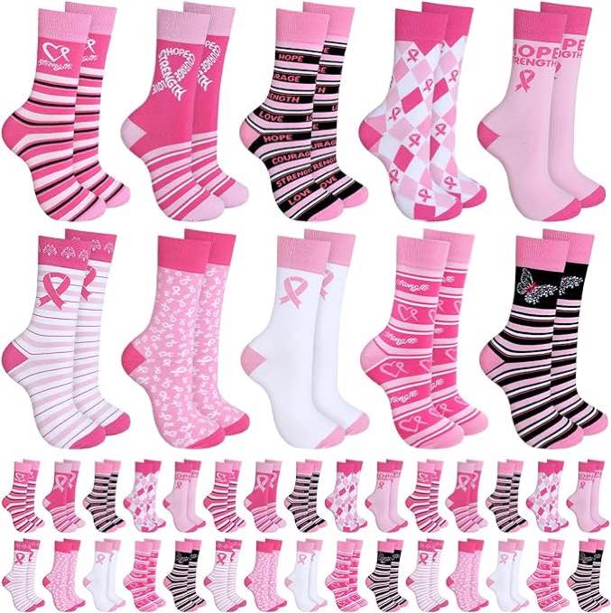 Xtinmee 100 Pairs Breast Cancer Awareness Ankle Crew Socks Cotton Breast Cancer Socks Pink Crew Socks for Women Men Sport Gifts, 10 Styles, One Size