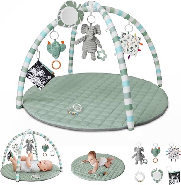 Baby Play Gym Mat, Tummy Time Mat with 6 Detachable Toys for Stage-Based Sensory & Motor Skill All Development, Easy to Install & Clean Baby Activity Mat, Gift for Newborn Baby Essentials, Sage Green