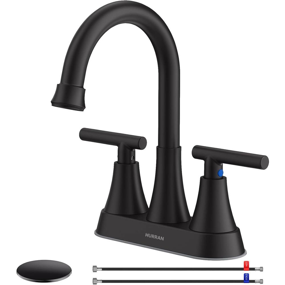 Hurran 4 inch Bathroom Faucets with Pop-up Drain and 2 Supply Hoses, Stainless Steel Lead-Free 2-Handle Centerset Faucets for Bathroom Sink 3 Hole, Matte Black