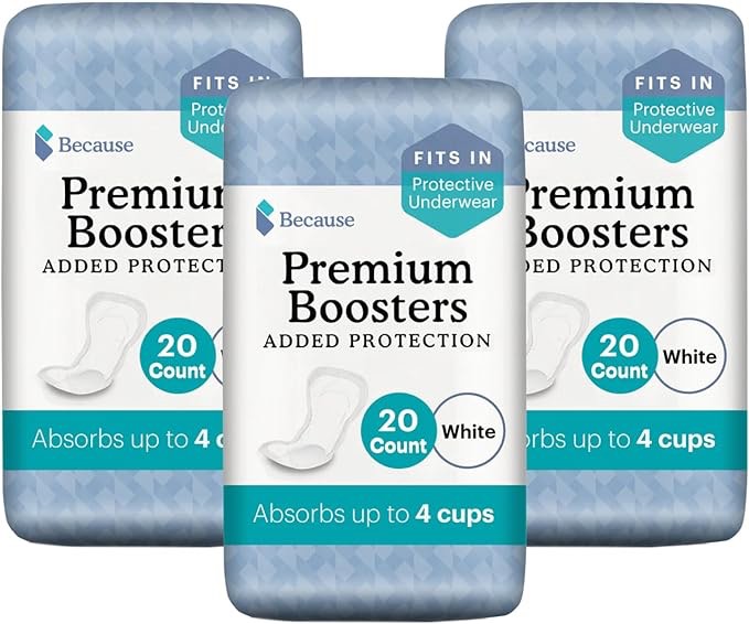 Because Premium Incontinence Boosters - Add Extra Absorbency to Adult Diapers - Super Absorbent, Soft, Contoured Fit - Unisex - 60 Boosters