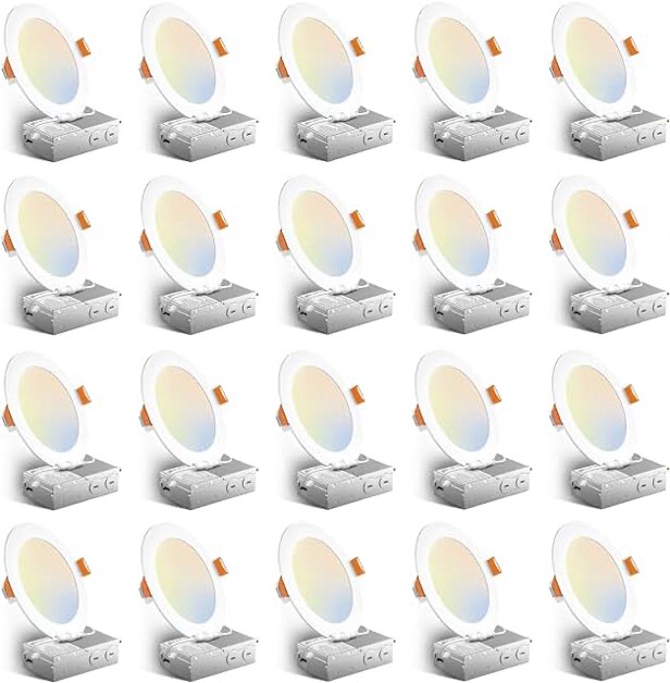 VOLISUN 24 Pack 6 inch 5CCT Ultra-Thin LED Recessed Lighting with Junction Box, 2700K-5000K Selectable, 12W=110W Canless Led Recessed Light, 1050LM Dimmable Ceiling Wafer Light, ETL Certificated