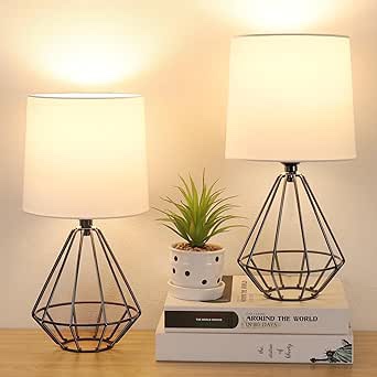 GGOYING Set of 2 Bedside Table Lamp, Black Metal Modern Lamp with White Fabric Shade, Simple Side Lamp for Living Room,Bedroom,Home,Office Working Reading (Bulb not Include)
