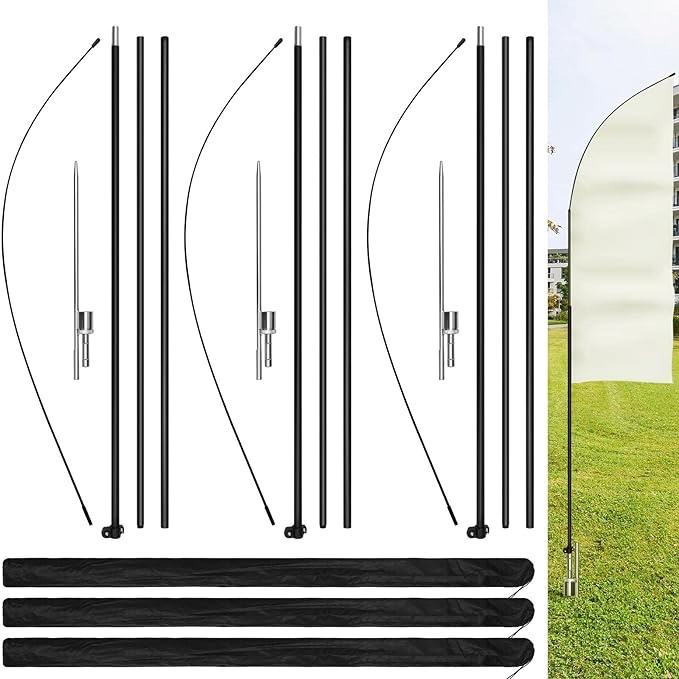 ( incomplete) Tatuo 3 Sets Advertising Flag Pole with Ground Mounting Stake, 14 ft Feather Flag Bundles Windless Flagpole Aluminum with Storage Bag for Sign Businesses Storefronts Advertising Flags Banner Outdoor