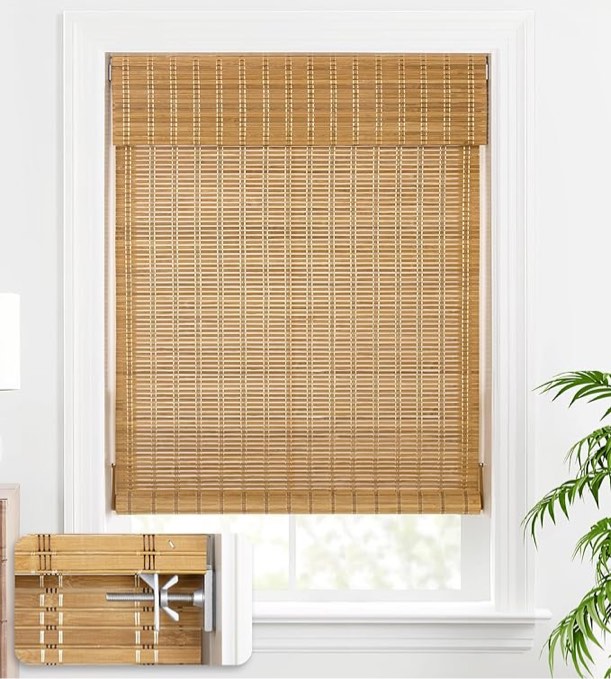 LazBlinds No Tools No Drill Bamboo Roller Shades, Cordless Bamboo Blinds, Light Filtering Bamboo Roll Up Blinds for Windows, Wood Window Blinds - Actual Blinds Size: 29 1/5'' W x 72'' H,