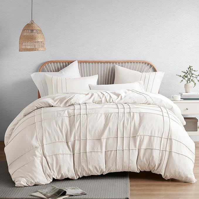 Comfort Spaces Cream King Comforter Set - 3 Pieces Pintuck Pleated Farmhouse Bedding Sets King, All Season Lightweight, Cotton-Like Softness Pre-Washed Microfiber King Bed Set, Shams, King/Cal King