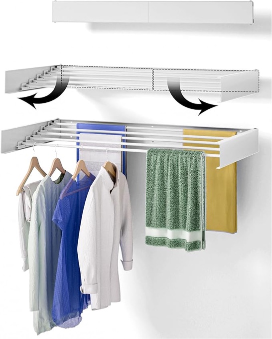 Muibe Clothes Drying Racks for Laundry, 40" Wall Drying Rack, Collapsible Laundry Drying Rack with 60lbs Capacity, Clothes Drying Rack with Wall Template, Screwdriver Bit & Drill Bit, White Upgrade