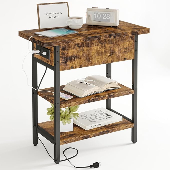 Fixwal End Table with Charging Station, Flip Top Side Table with USB Ports and Outlets, Narrow Nightstand Sofa Couch Table Bedside Table for Living Room Bedroom, Rustic Brown