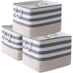 TheWarmHome Jumbo Storage Bins Baskets for Organizing, Sturdy Fabric Storage Basket W/Handles, Decorative Foldable Storage Baskets for Shelves Closet Nursery Toy (Grey&White Stripes-3 Pack,20.5L×15.7W×13.8H inch)