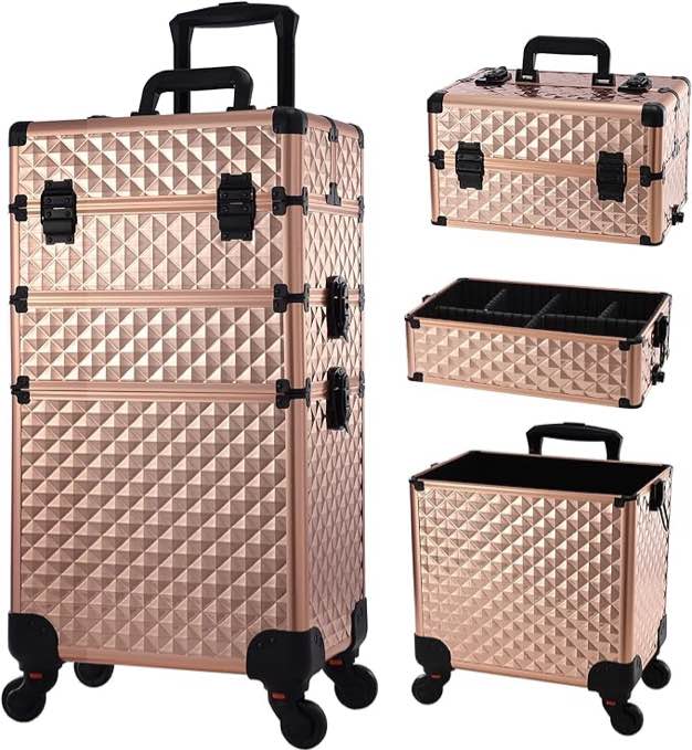 FRENESSA 3-in-1 makeup case with swivel wheels, professional cosmetics cart, great storage for beauticians, stylists, nail technology students with swivel wheels, hairdressing case, travel cart, aged rose gold