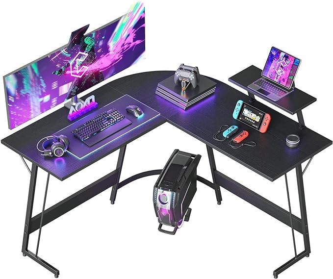 Cubiker L Shaped Desk, Computer Corner Desk, Gaming Desk with Monitor Stand, Home Office Study Writing Workstation, Space-Saving, Black