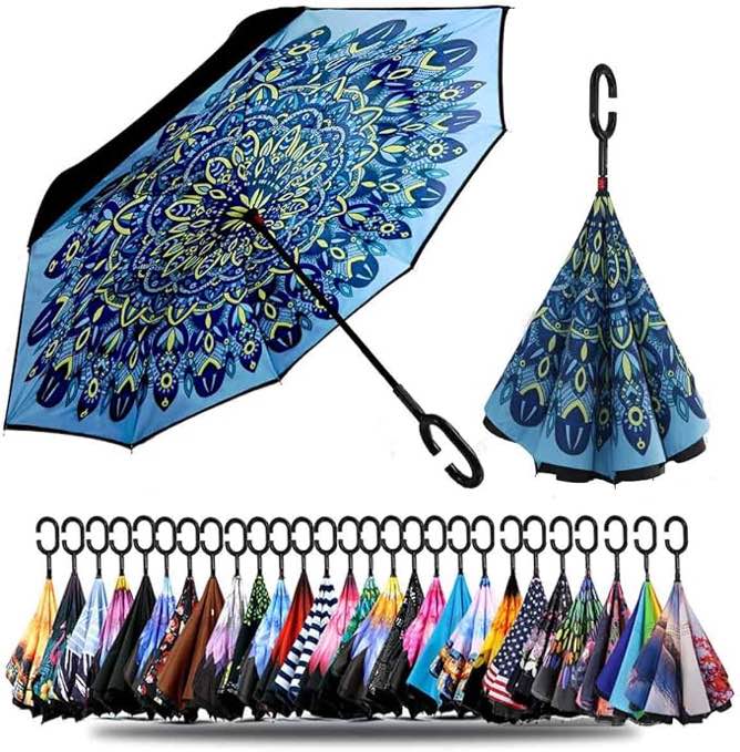 SIEPASA 40/49/56/62 Inch Inverted Reverse Upside Down Umbrella, Extra Large Double Canopy Vented Windproof Waterproof Stick Umbrellas with C-shape Handle.
