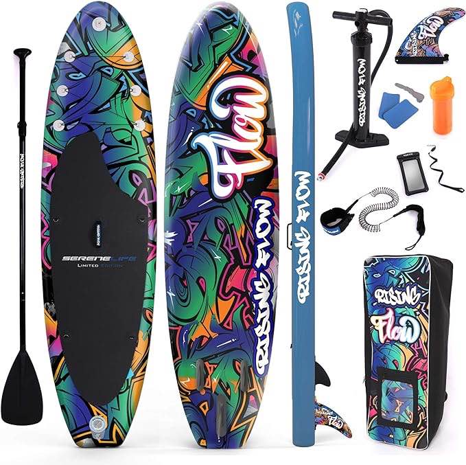 SereneLife Inflatable Stand Up Paddle Board (6 Inches Thick) with Premium SUP Accessories & Carry Bag | Wide Stance, Bottom Fin for Paddling, Surf Control, Non-Slip Deck | Youth & Adult Standing Boat