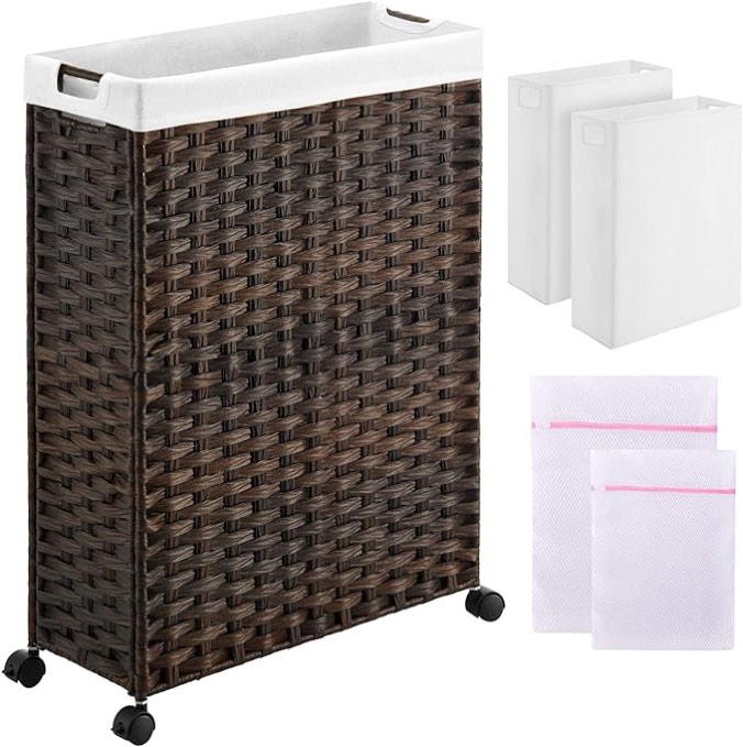 Greenstell Laundry Hamper with Wheels, 22â€_x009d_ Slim Laundry Basket with 2 Removable Liner Bags & 2 Mesh Bags, Narrow Dirty Clothes Basket, Handwoven Synthetic Rattan Organizer in Bathroom, Bedroom, Brown