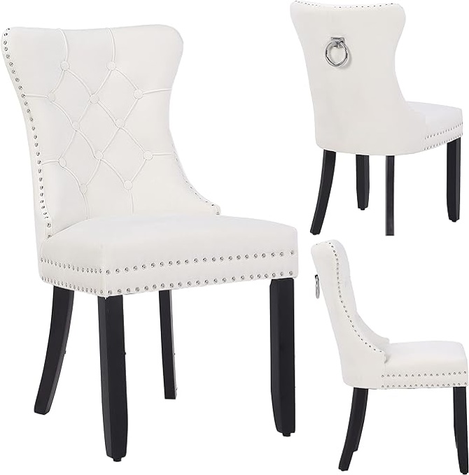 BTEXPERT Navy High Back Velvet Tufted Upholstery, Solid Wood-Accent Nail Trim, Ring Leisure Side Living Room Bedroom Coffee upholstered Dining Chair, Set of 2 White