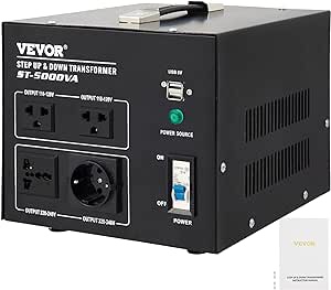 VEVOR Voltage Converter Transformer,5000W Heavy Duty Step Up/Down Transformer Converter(240V to 110V, 110V to 240V),2 US&1 UK&1 Universal Outlet with Circuit Break Protection,5V USB Port,CE Certified