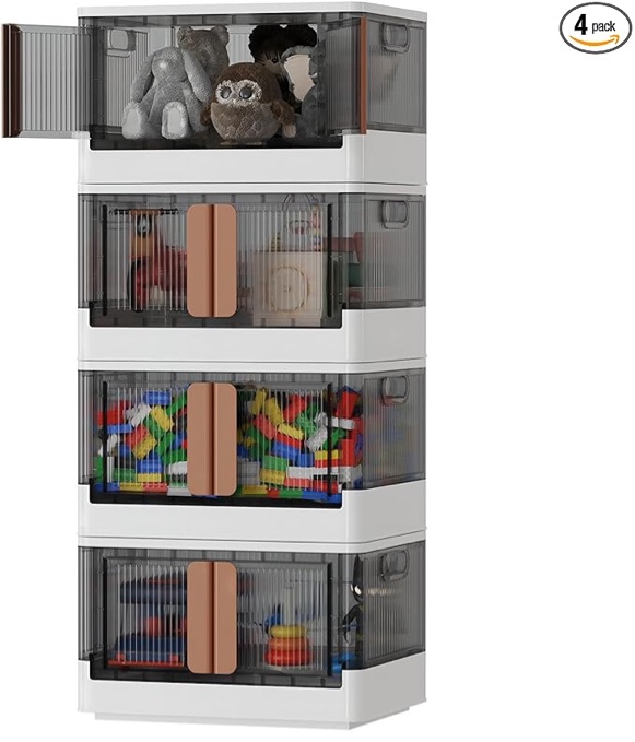 Sineda 4 Pack Storage Bins with Lids - 8.4 Gallon Stackable Storage Bins. Collapsible Storage Bins with Wheels and Door, Ideal for Storage and Organization. (8.4 Gal - 4 Pack, White)