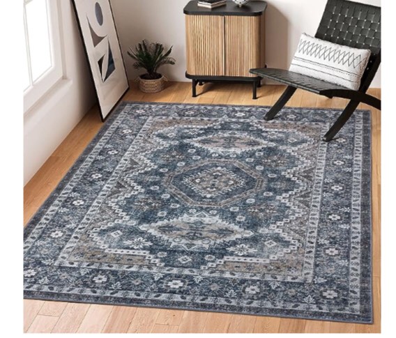 Rugland 8x10 Area Rugs - Stain Resistant Washable Rug, Anti Slip Backing Rugs for Living Room, Vintage Tribal Area Rugs (TPR07-Navy, 8'x10')