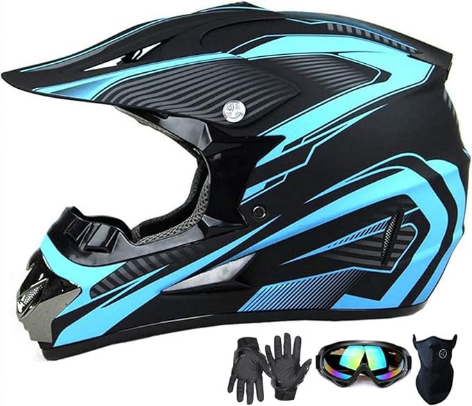 Motocross Helmet,Youth Kids Trend Full Face Helmet,ATV Motorcycle Helmet,Dirt Bike Downhill Off-Road Mountain Bike Helmet,DOT Certified,4-Piece Set (Blue, S)