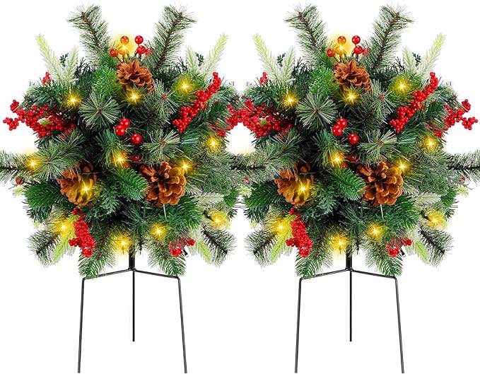 Liliful 2 Sets Lighted Artificial Christmas Urn Filler, Pre Lit Artificial Christmas Tree Outdoor Light up Planter Filler Lighted Xmas
