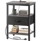 SUPERJARE Nightstand with Charging Station, Bed Side Table with Adjustable Fabric Drawer, Night Stand for Bedroom, 3-Tier Storage End Table, Fabric Drawer Dresser, for Living Room - Charcoal Gray