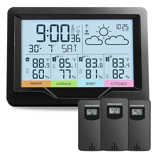 Oule GmbH Weather Stations Indoor Outdoor Thermometer Wireless Temperature Humidity Monitor with Digital Atomic Clock, Weather Station with Multiple Sensors
