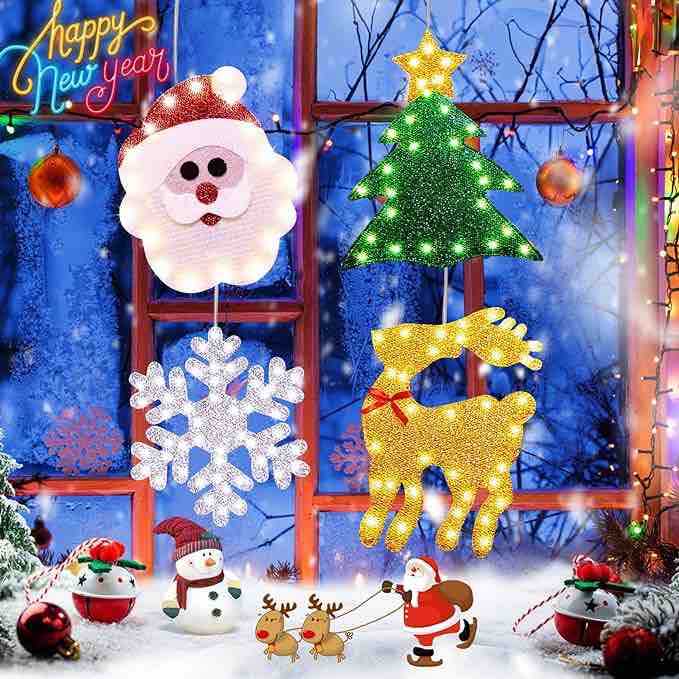 Christmas Window Lights Decorations 4 Pcs Christmas Window Silhouette Lighted Sign Battery Operated Backdrop String Lights with Suction Cup Hook for Holiday Outdoor Indoor Decor