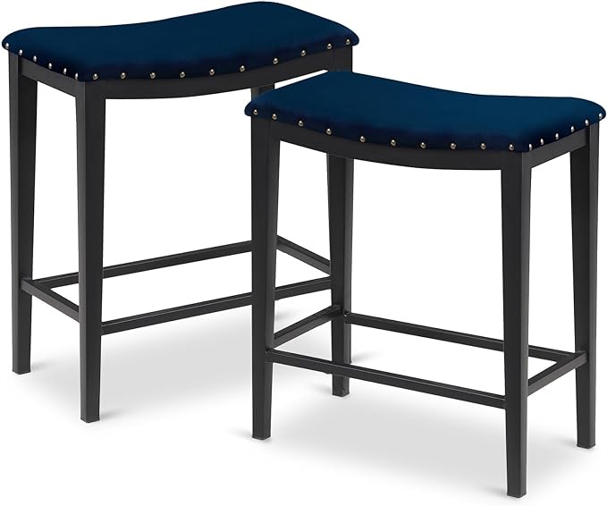 KATDANS Blue Bar Stools Set of 2 Counter Height 24 Inches Backless Barstools for Kitchen Counter Modern Saddle Stools Velvet Nailhead Upholstered Stools, KS718PBL, 2Pcs