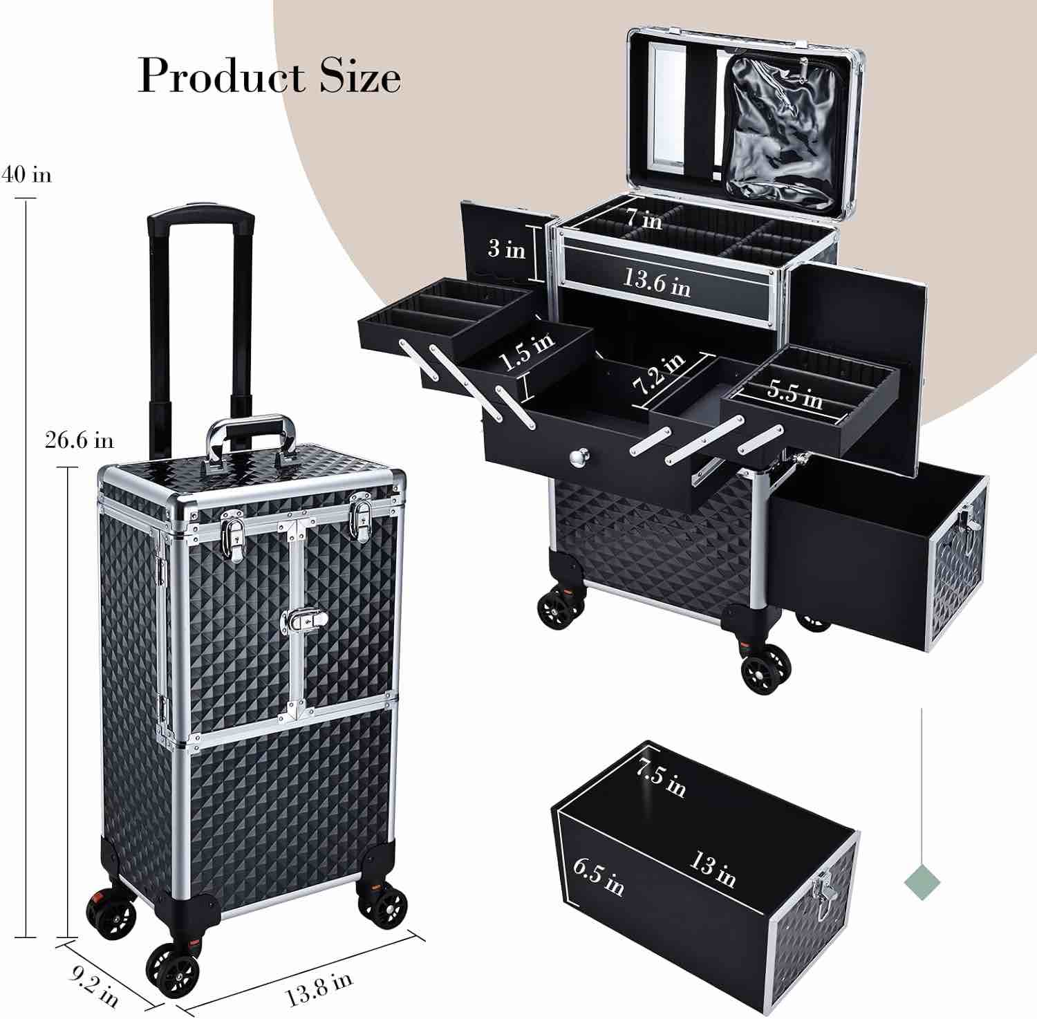 Adazzo Professional Makeup Artist Rolling Train Case Multi-functional Cosmetic Train Case Large Trolley Storage Case for Nail Supplies Cosmetology Case for Hairstylist