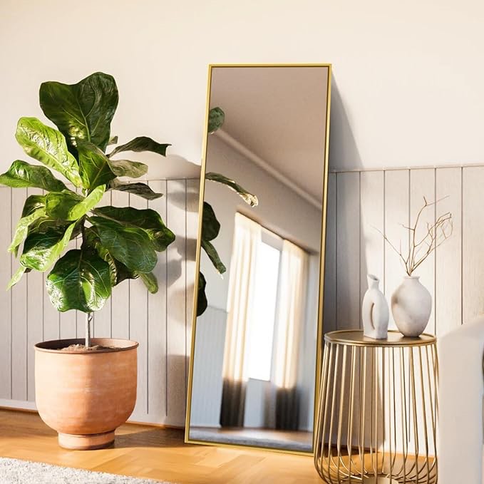 64"x21" Rectangular Full Length Mirror Floor Mirror with Stand, Aluminium Metal Frame for Wall Mounted Full Body Mirror Leaning Body Hanging Wall Mirror for Bedroom Living Room Dressing Mirror-Golden