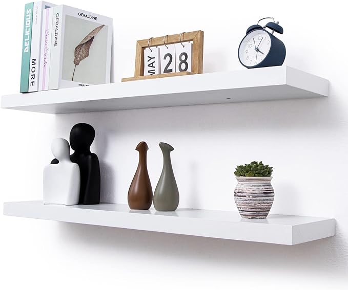 fuqing White Floating Shelves, 36 Inches Long Shelves Set of 2, Solid Wood Wall Mounted Shelves for Bathroom Kitchen Bedroom