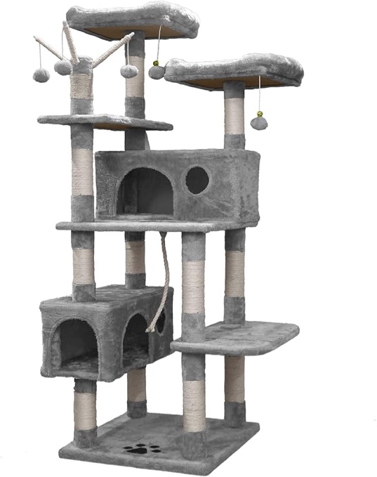 NEGTTE Cat Tree Tower for Indoor Cats,64 inches Large Multi-Level Cat Activity Center with Condos,Scratching Posts,Removable Fur Ball Sticks(Light Gray,002)