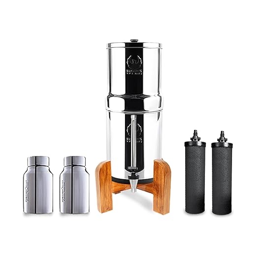 AquaEasy Stainless Steel Gravity Water Filter System (2.25 Gallon) with 2X Activated Carbon Filter, Stainless Steel Tap and Wooden Stand (Black) Countertop Water Filtration System