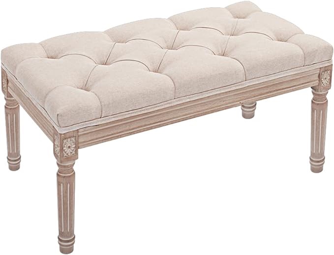 Homestripe 31.5 Inch Fabric Entryway Bench with Button Tufted Seat and Rustic Wood Legs, Living Room Bench Ottoman, Set of 1, Beige