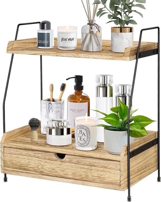 Y&ME YM 2-Tier Countertop Organizer for Bathroom Counter - Wood Bathroom Counter Organizers Shelf with Drawer Cosmetic Storage, Standing Vanity Tray for Bathroom Organization and Decor(Brown)