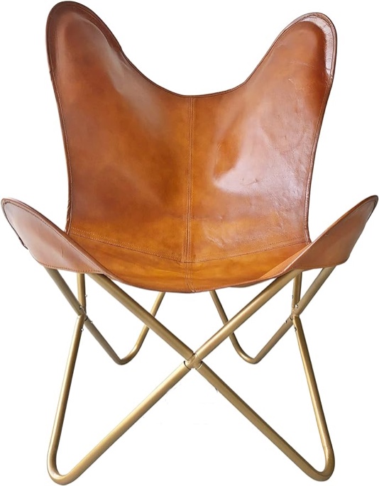 LEATHER JACKSON Leather Living Room Chairs-Butterfly Chair Brown Leather Butterfly Chair-Handmade with Powder Coated Folding Iron Frame (Cover with Folding Frame) (Golden Frame)